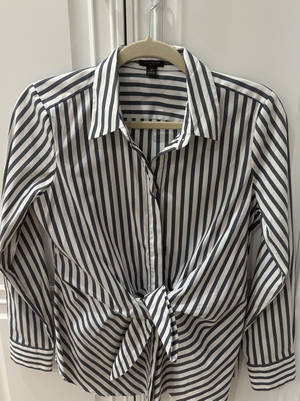 Ann Taylor Black and White Striped Tie-Front Button-Down Shirt